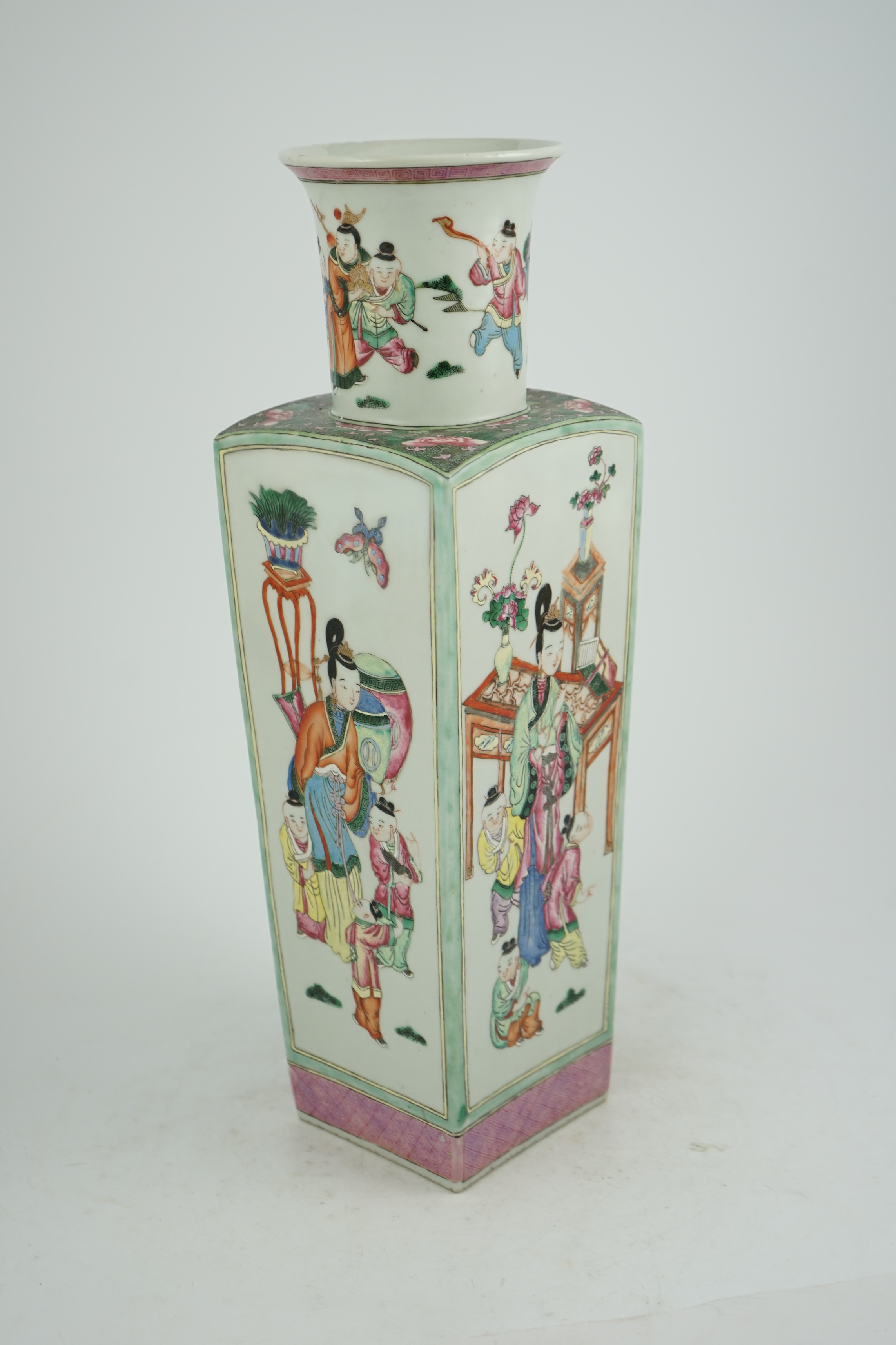 A tall Chinese famille rose square section vase, 19th century